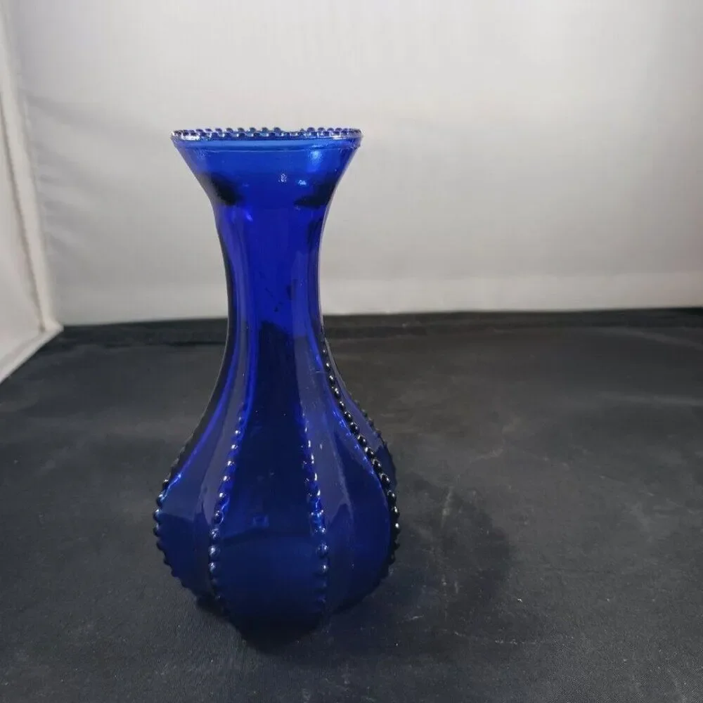 Vintage Indiana Glass Vase Beaded Edge Zipper 8 Sided Cobalt Blue 4 7/8